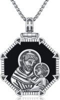 wholesale 925 Sterling Silver Saint Joseph and Child Onyx Pendant Necklace for Men Women Religious Catholic Christian Gifts 48cm Chain Length-0-0