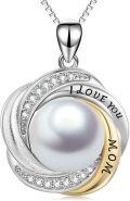 wholesale 925 Sterling Silver Round White Freshwater Cultured Pearl I LOVE YOU MOM Pendant Necklaces for Women Girls s with Cubic Zirconia Stones and Box Chain - 45cm/18inch Length-0-0