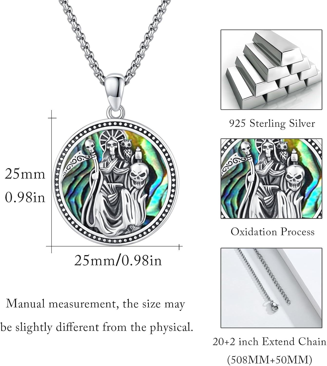 925 Sterling Silver Round Medal Pendant Necklaces for Women Men Gothic Skulls and Skeletons Design Abalone Shell  45cm Chain Length-0-5