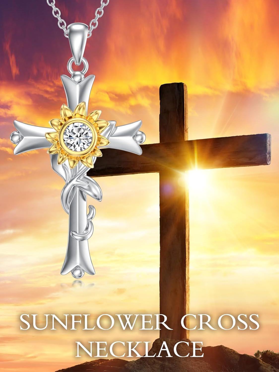 Gold-Plated 925 Sterling Silver Moissanite Sunflower Cross Pendant Necklace for Women-0-4