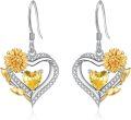 wholesale 925 Sterling Silver Cubic Zirconia Sunflower Heart Dangle Hoop Earrings-0-0