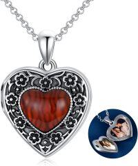 wholesale Sterling Silver Flower Heart Locket Necklace w Picture Always in My Heart-Cherry Blossoms-Red Agate