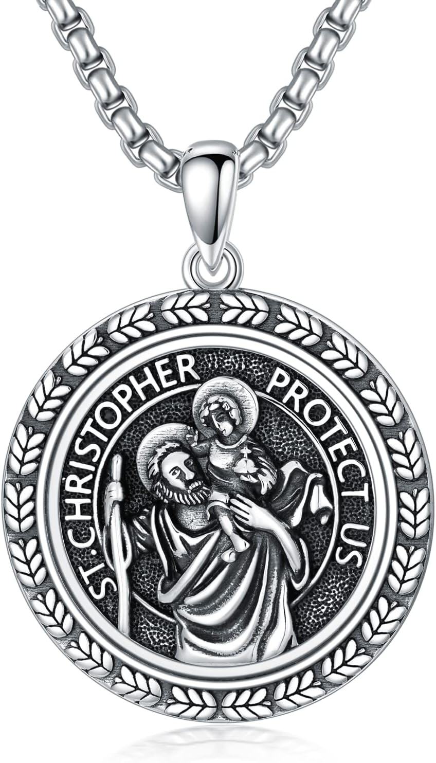Sterling Silver Oval St Michael St Christopher Medal Archangel Cross Necklace w 22 +2 Chain-B03-St Christopher