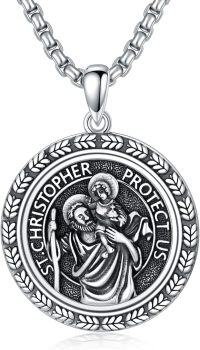 wholesale 925 Sterling Silver Saint Christopher Protect Us Pendant with 3D Angel and Halo on Round Medallion - Includes 24 Box Chain-B03-St Christopher