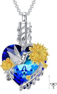 wholesale 925 Sterling Silver Heart Shaped Sunflower and Hummingbird Memorial Keepsake Urn Necklace with Blue Crystal Stone - Cremation Jewelry for Ashes Holder Pendant-Hummingbird Crystal-Blue