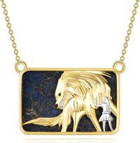 wholesale 925 Sterling Silver & Lapis Lazuli Rectangular Wolf Pendant Necklace with Girl Charm-Wolf01