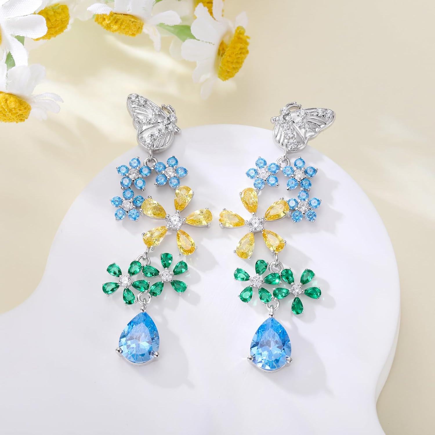 Sterling Silver Colorful Stone Chandelier Teardrop Dangle Earrings-0-5