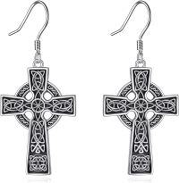 wholesale 925 Sterling Silver Celtic Cross Dangle Drop Earrings with Knotwork Design-Celtic Cross