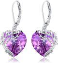 wholesale 925 Sterling Silver Purple Heart Crystal Tree of Life Dangle Earrings for Women-0-0
