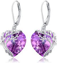 wholesale 925 Sterling Silver Purple Heart Crystal Tree of Life Dangle Earrings for Women-Tree of Life Earrings-Purple Crystal
