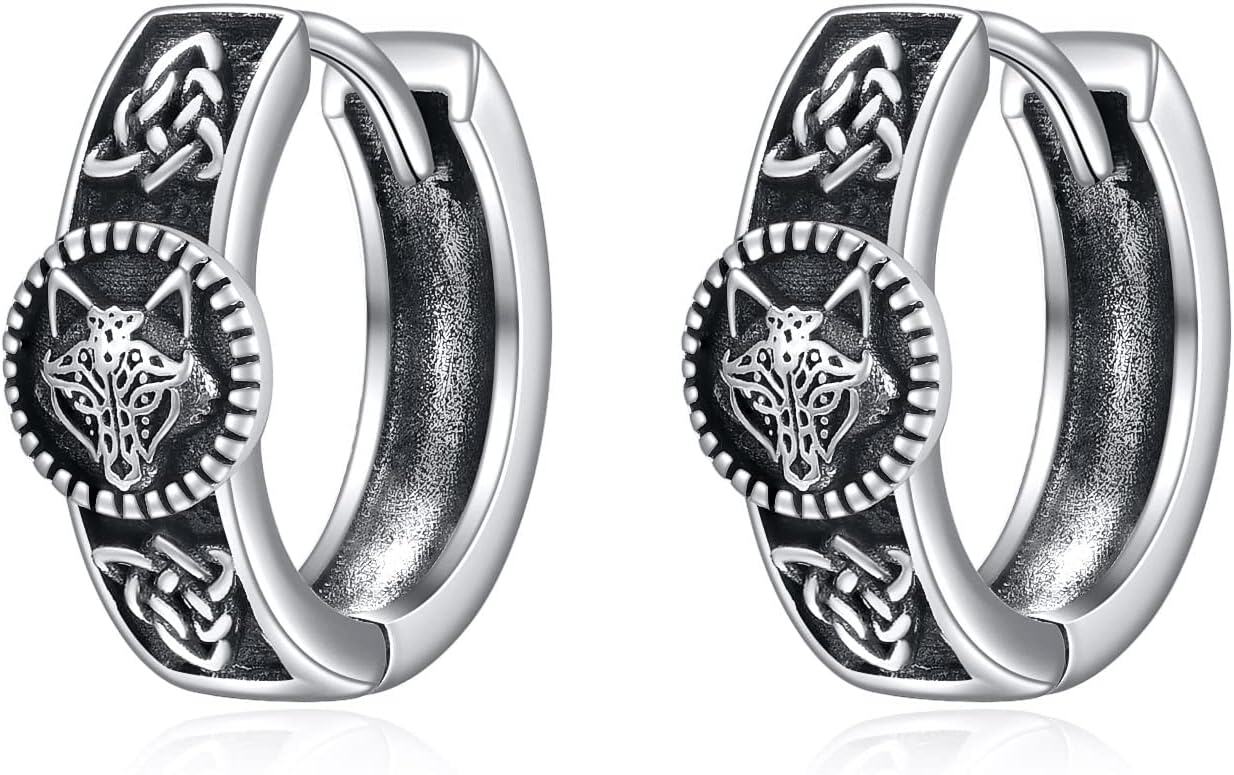 wholesale 925 Sterling Silver Norse Wolf Head Huggie Hoop Earrings with Celtic Knots and Runes-0-0