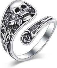 wholesale Sterling Silver Sun Moon Bee Celtic Tree Life Lotus Spoon Adjustable Open Ring Unisex Gift-Rose Skull-Rose Skull