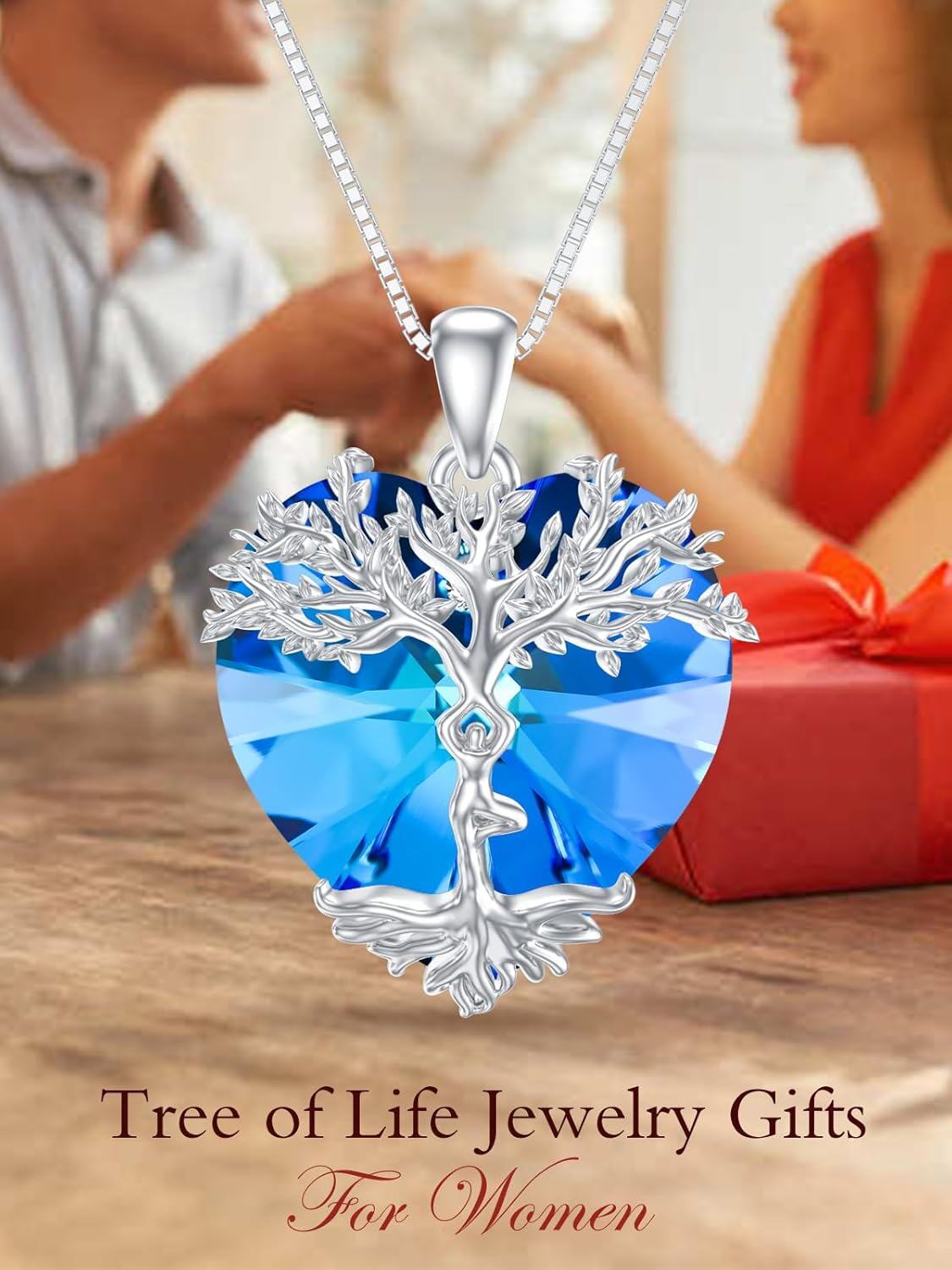 wholesale 925 Sterling Silver Blue Crystal Heart Tree of Life Pendant Necklace s for Women Girls-0-2