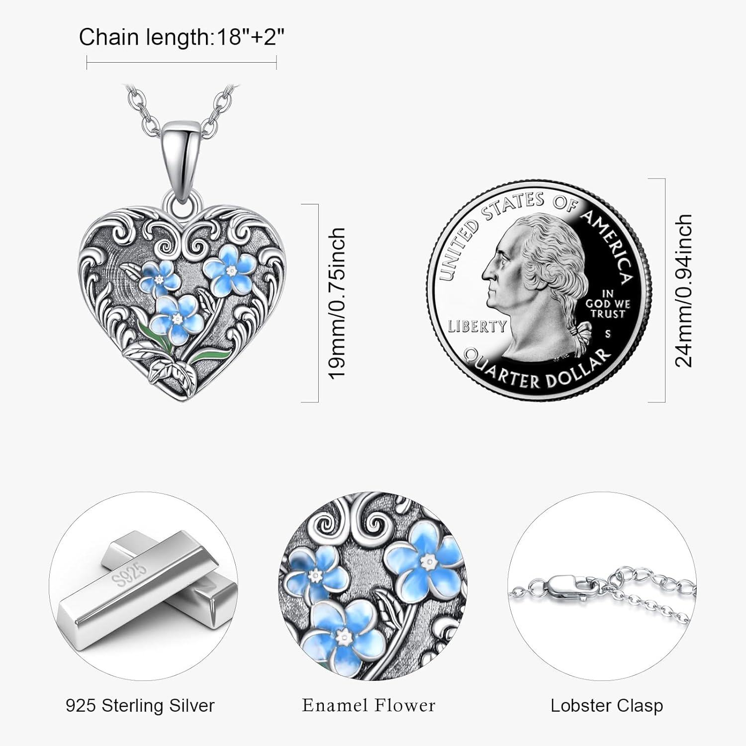 Sterling Silver Blue Enamel Flower Photo Locket Necklace 2 Pics Memorial Keepsake-0-3
