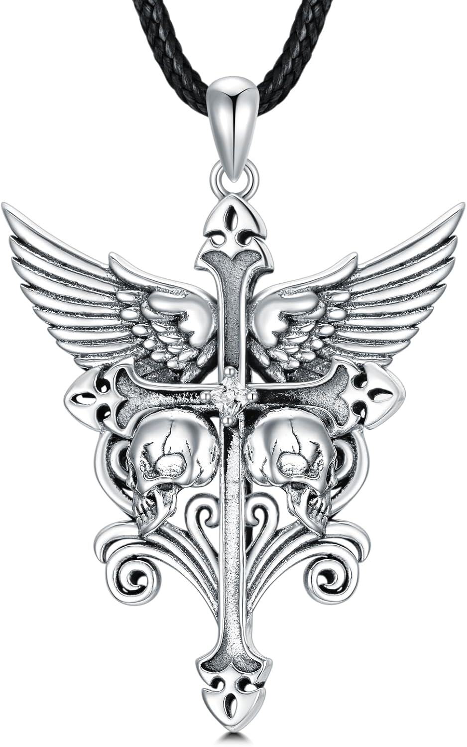 925 Sterling Silver Gothic Skull Wings Cross Pendant Necklace s for Men/Women-0-0