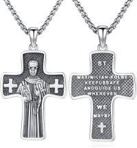 wholesale Sterling Silver Archangel Medals St Pendant Necklace for Men Women-95-St Maximilian Kolbe(cross silver)