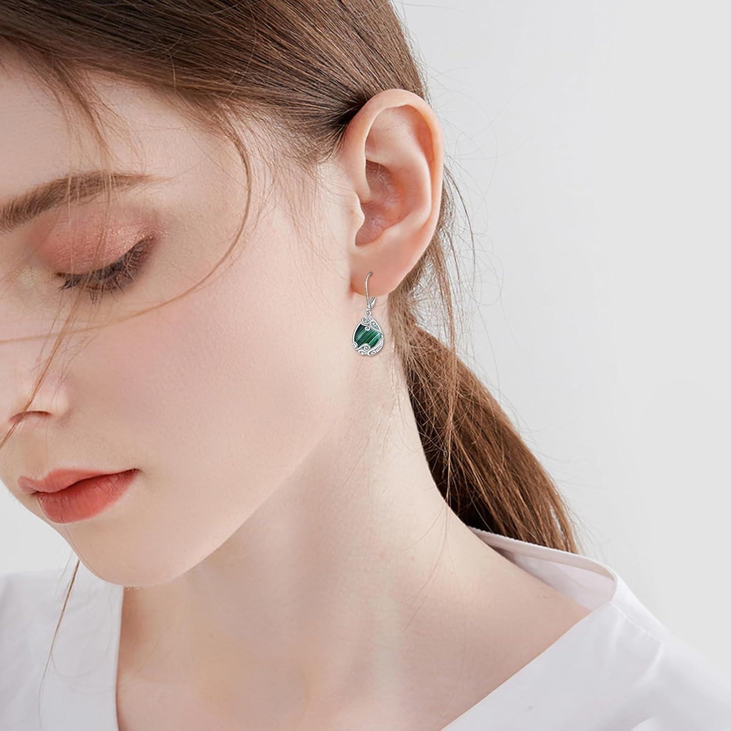 925 Sterling Silver Malachite Leverback Teardrop Dangle Earrings for Women-0-1