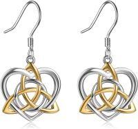 wholesale 925 Sterling Silver Celtic Knot Heart Dangle Earrings Gold and White Tone Irish Love Drop  for Women Girls 2 Pairs Set-Two-tone celtic earrings