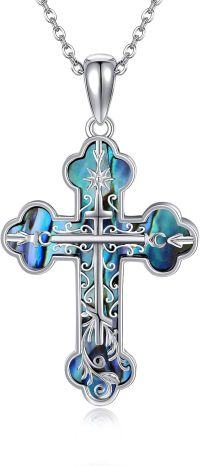 wholesale 925 Sterling Silver Blue Abalone Shell Inlay Cross Pendant Necklace with Chain - Religious Jewelry for Men & Women-Orthodox Cross