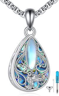 wholesale 925 Sterling Silver Teardrop Hummingbird Locket Pendant with Abalone Shell and Moonstone Elements - 36 Chain Included-Moonstone Hummingbird