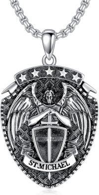 wholesale 925 Sterling Silver Saint Michael Shield Necklace with Cross and Stars Pendant & 24in  for Men/Women-A01. st michael