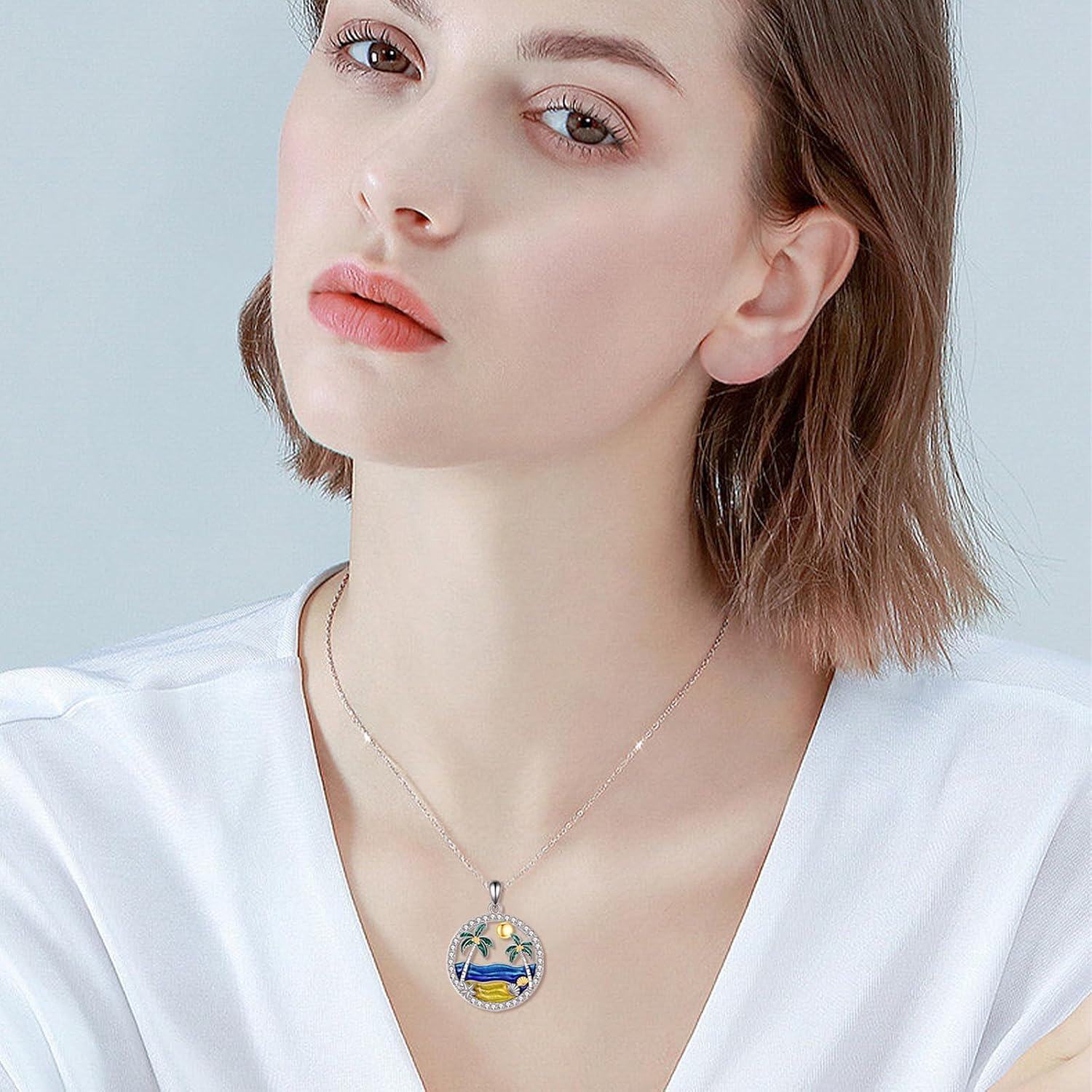 wholesale 925 Sterling Silver Beach Scene Pendant with Coconut Trees and Seashells Necklace for Women-0-1