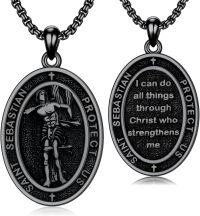 wholesale Sterling Silver Protection Necklace with St Anthony Francis Joseph Peregrine Raphael Sebastian Medal Christian Gifts-Saint Sebastian_Black