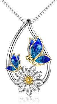 wholesale 925 Sterling Silver Blue Enamel Butterfly & Daisy Drop Pendant Necklace for Women Girls Gifts-Blue butterfly daisy necklace