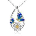 wholesale 925 Sterling Silver Blue Enamel Butterfly & Daisy Drop Pendant Necklace for Women Girls Gifts-0-0