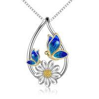 wholesale 925 Sterling Silver Blue Enamel Butterfly & Daisy Drop Pendant Necklace for Women Girls Gifts-Blue butterfly daisy necklace