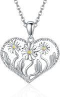 wholesale 925 Sterling Silver Heart-Shaped Daisies and Leaves Pendant Necklace with Chain-0-0