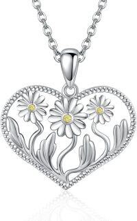 wholesale 925 Sterling Silver Heart-Shaped Daisies and Leaves Pendant Necklace with Chain-Daisy