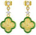 wholesale 925 Sterling Silver Gold Plated Green Enamel Flower Drop Earrings for Women-0-0