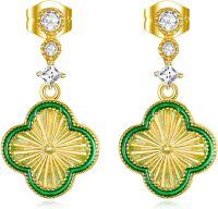 wholesale 925 Sterling Silver Gold Plated Green Enamel Flower Drop Earrings for Women-04-Four Leaf Clover Earrings