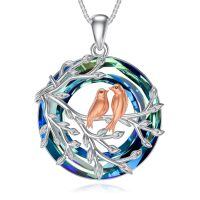 TOUPOP Sterling Silver Blue Crystal Tree Of Life Bird Pendant Necklace For Mom-undefined