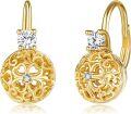 wholesale 925 Sterling Silver Plated Gold  Round Filigree Flower Leverback Studs with Cubic Zirconia for Women-0-0
