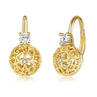 wholesale 925 Sterling Silver Plated Gold  Round Filigree Flower Leverback Studs with Cubic Zirconia for Women-Ball Clover Earrings