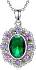 wholesale 925 Sterling Silver White Gold Plated Oval Green Stone with Pink and Yellow Accents Halo Pendant Necklace 45cm Chain Length-0-0