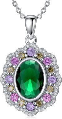 wholesale 925 Sterling Silver White Gold Plated Oval Green Stone with Pink and Yellow Accents Halo Pendant Necklace 45cm Chain Length-Emerald Green