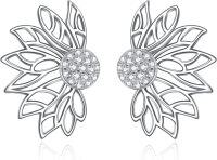 wholesale 925 Sterling Silver Flower Stud Earrings with CZ Stones and Leaf Design-Sunflower