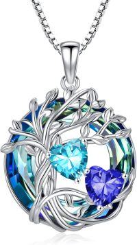 wholesale 18K White Gold Filled Sterling Silver Family Tree Pendant with 2 Heart Birthstones Blue Austrian Crystal Necklace for Women-03-09-Mar-Spet Birthstone