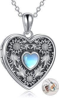 wholesale 925 Sterling Silver Heart-Shaped Photo Locket Pendant with Blue Stone and Sunflower Design - Mother's Day Gifts for Women-Sunflower with Moonstone