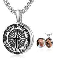 wholesale 925 Sterling Silver Round Compass Locket Necklace with Black Enamel and Inscription May Your Faith Always Guide You - Catholic Religious  for Women & Men-D-Confirmation Gifts-D-Locket