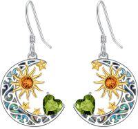 wholesale 925 Sterling Silver Heart Birthstone Sun Moon Dangle Drop Earrings for Women Mom-Peridot Aug.