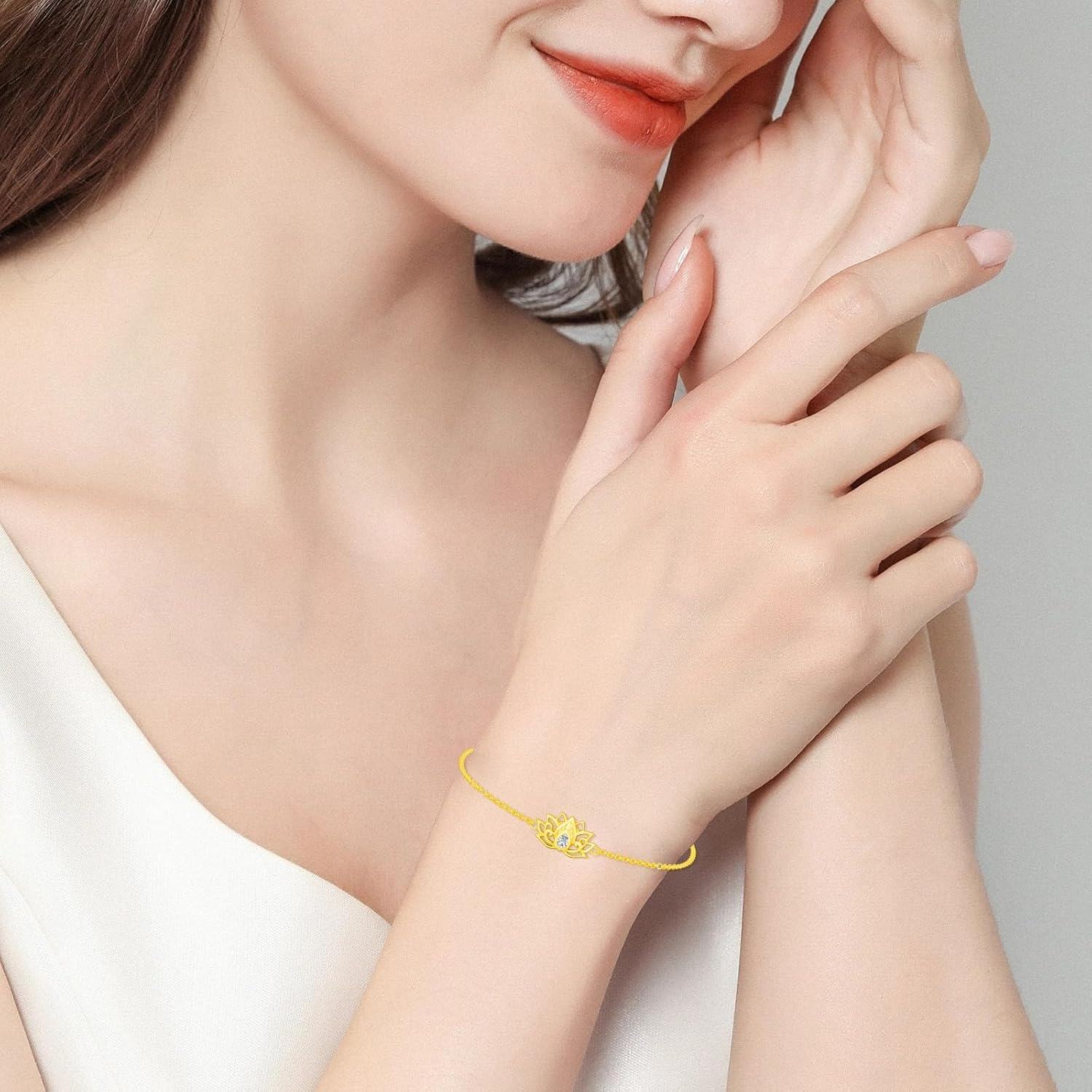 wholesale 18K Gold Lotus Flower Bracelet with Diamond Accent - Birthday & Christmas Gifts for Women-0-1