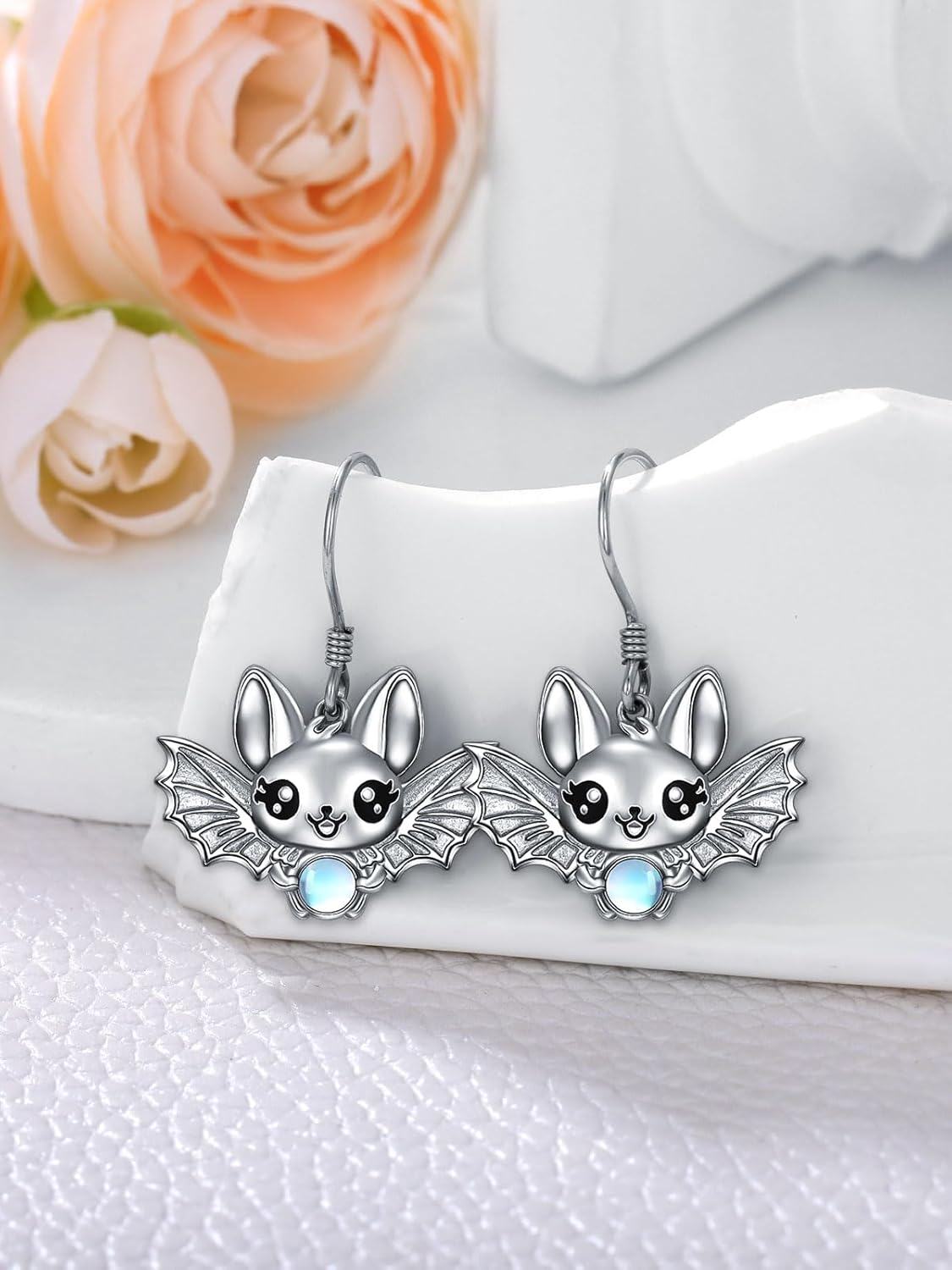 925 Sterling Silver Moonstone Earrings - Cute Bat Design Jewelry for Women Girls Gifts-0-5