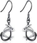 wholesale 925 Sterling Silver Gothic Skeleton Shark Fish Hook Drop Dangle Earrings-0-0