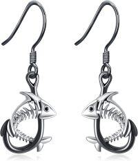 wholesale 925 Sterling Silver Gothic Skeleton Shark Fish Hook Drop Dangle Earrings-Fish Hook