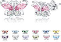 wholesale 925 Sterling Silver Cubic Zirconia 12 Birthstone Butterfly Stud Earrings-10-Oct.