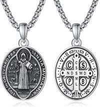 wholesale Sterling Silver Patron Saint Medal Amulet Necklace for Men 2 5mm 22 +2 Chain-A99-Saint Benedict